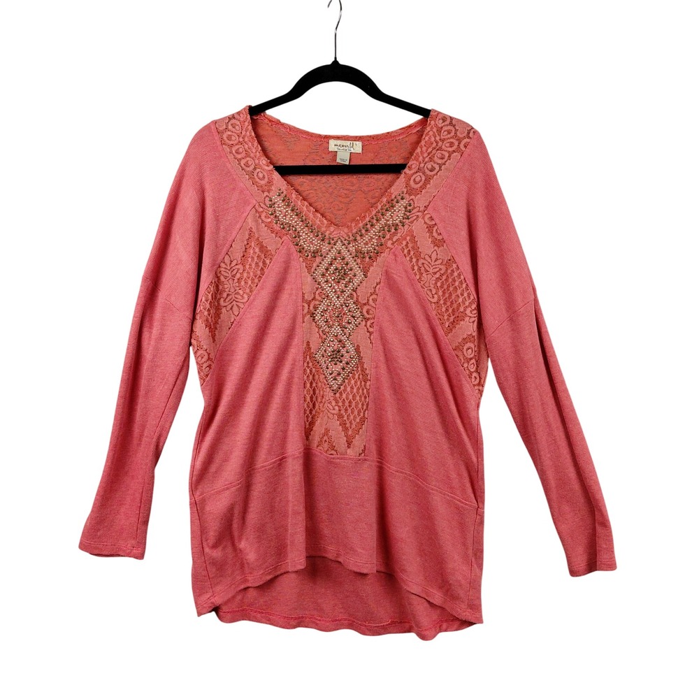 One World‎ Coral Lace Inset V Neck Long Sleeve Tunic Top Women's Size L